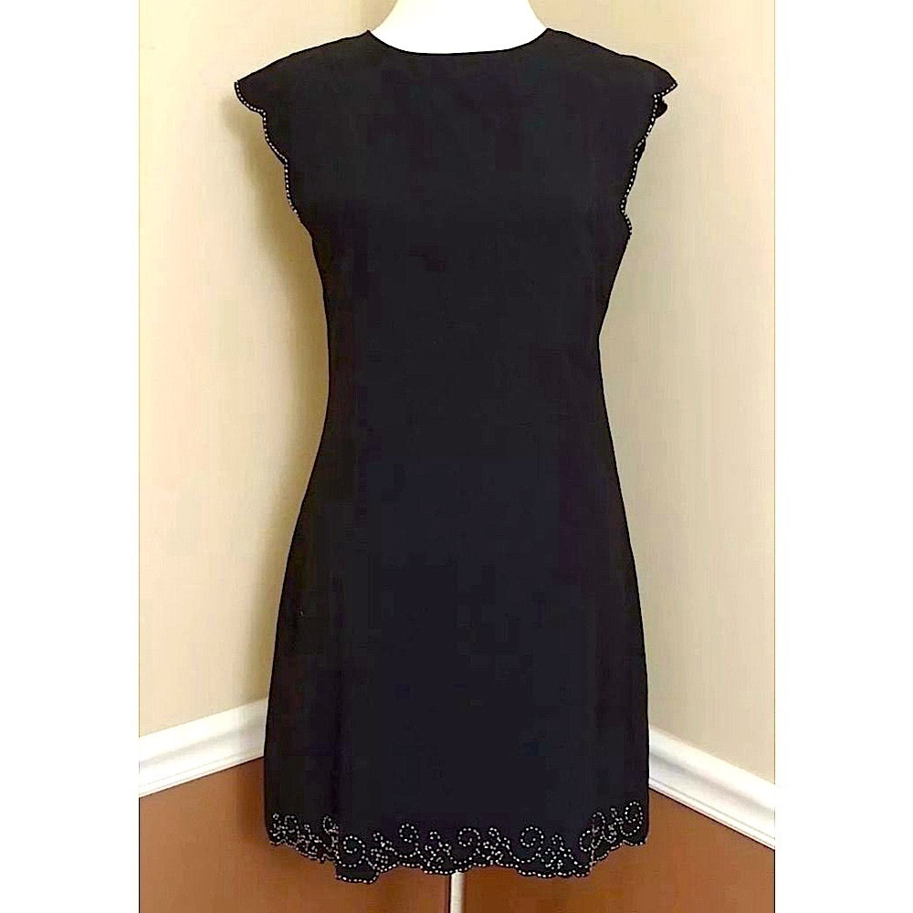 Black Beaded Trim Scalloped Edges Shift Mini Dress by ModCloth Moon Small